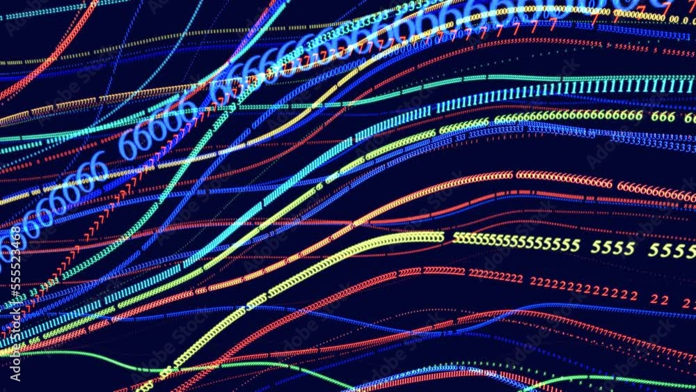 Poster digital waves. vj loop hologram abstract bg. symbols form lines, grid, strings. information concept.