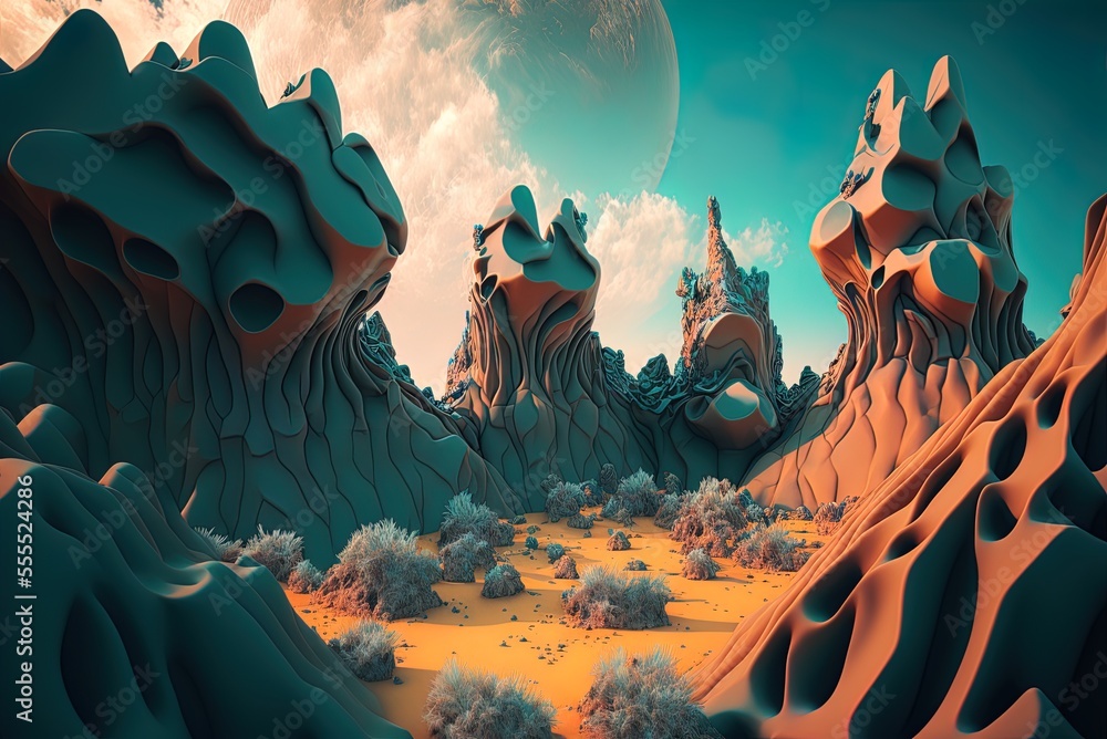 Poster alien fantasy scene with abstract rocks - generative ai