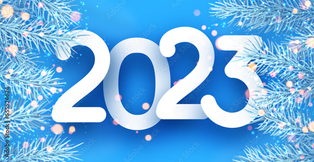 Poster 2023 sign with fir on blue background with yellow bokeh.