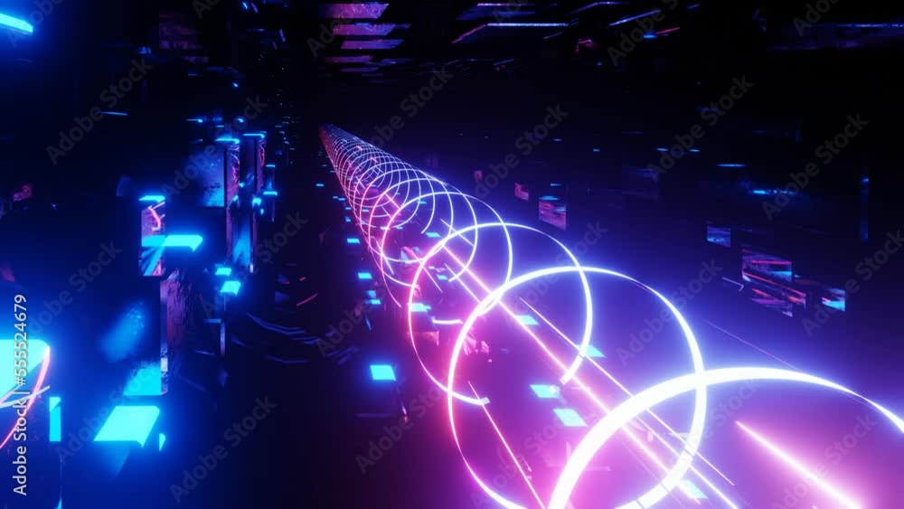 Poster 80's neon light style flight. hi-tech neon sci-fi tunel. trendy neon glow lines form pattern and con