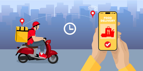 Banner design for a smartphone food delivery app tracking a courier on a moped, city in the background. Technology and logistics concept - obrazy, fototapety, plakaty