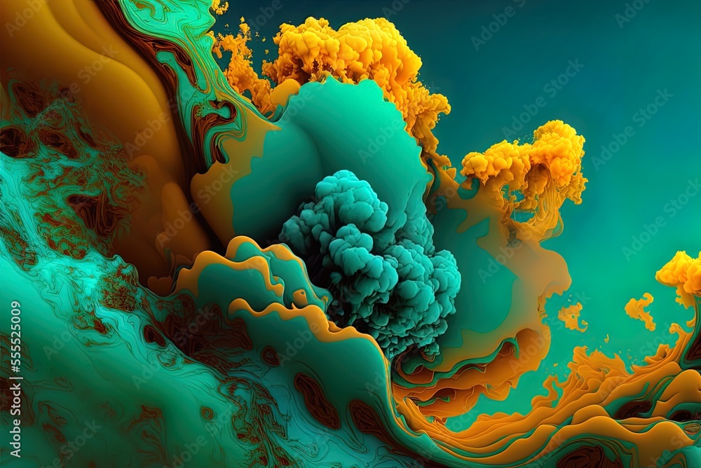 Poster the magnificent clouds are an abstract shade of turquoise and yellow. fractal backdrop with vibrant 