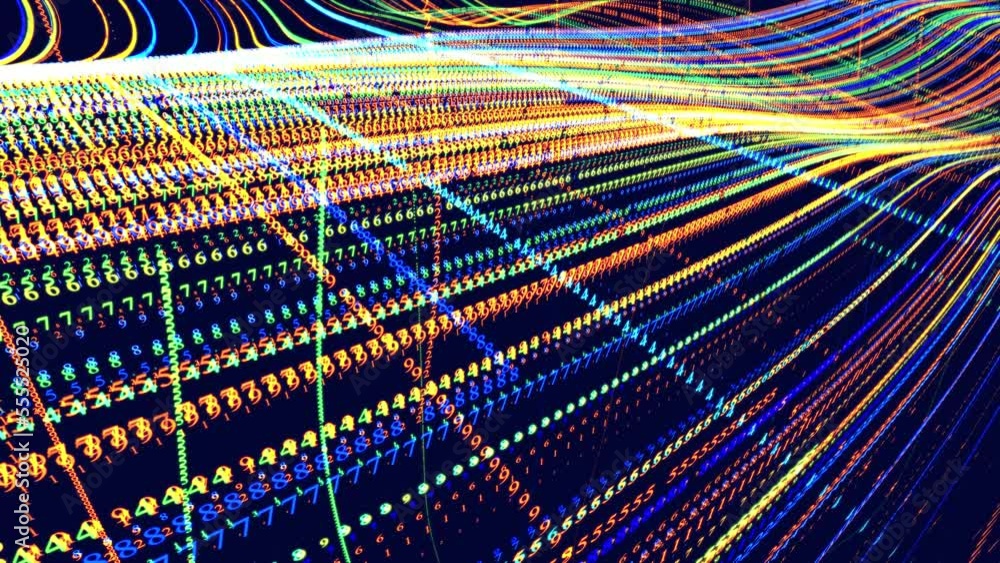 Poster digital waves on surface. vj loop hologram abstract bg. symbols form lines, grid. information concep