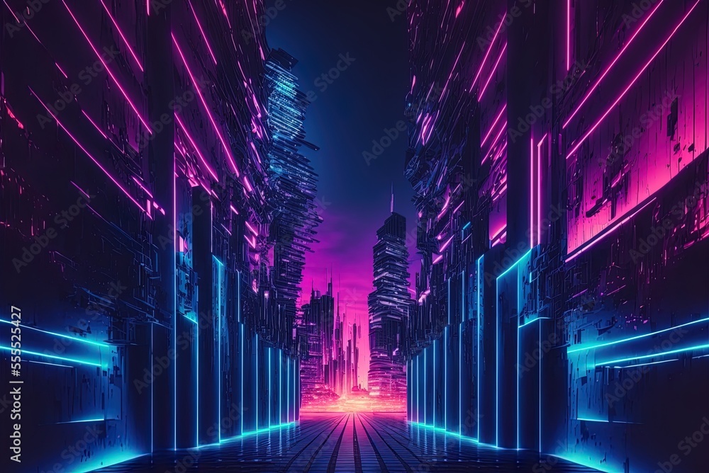 Poster a post-apocalyptic idea set against a neon backdrop with shimmering ultraviolet horizontal lines, a 