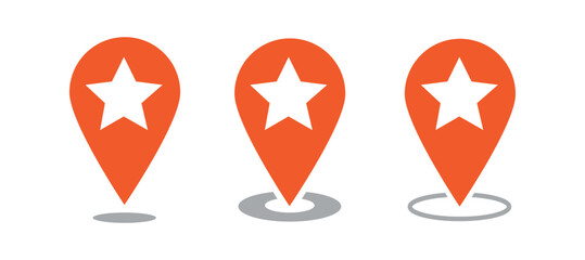Favorite place map pointer icon. Set map icons pin with star icon. Map pointer with star icon.