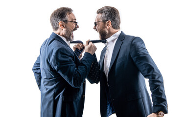 businessmen arguing without subordinate in white studio. subordinate arguing businessmen.