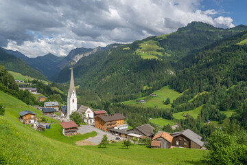 Village of Sonntag in the Grosswalsertal valley, Vorarlberg, Austria