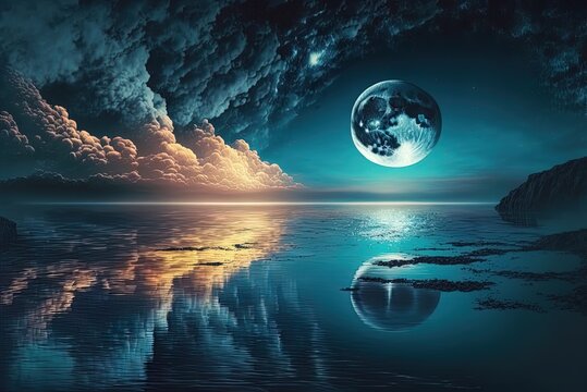 Seascape at night as a background. It was a cloudy night with a full moon.  The moon reflected in the sea. The sun setting over the ocean. Shaded in  blue. Generative AI