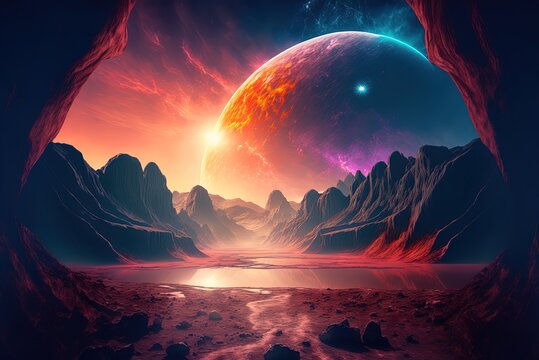 Unearthly planet. Definition of an extrasolar planet, planet, and its environment. Planet whose identity is hidden from view. Fantasy world digitally in outer space. Generative AI
