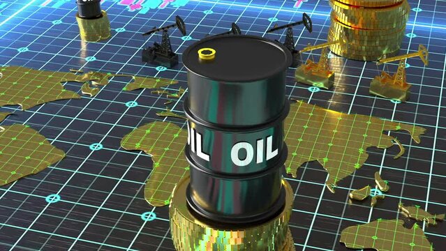 The concept of falling oil prices, falling stock market, falling barrels of oil on the background of the stock market chart
