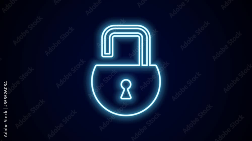Poster glowing neon line open padlock icon isolated on black background. opened lock sign. cyber security c