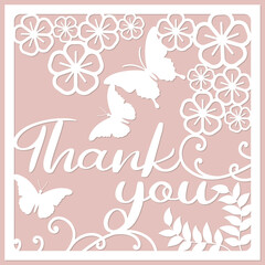 Thank you card, paper cut art style, paper craft. Card template with butterflies and flowers. 