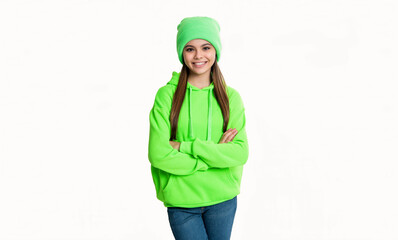 photo of happy teenager girl wearing winter style hat. teenager style girl in winter hat.