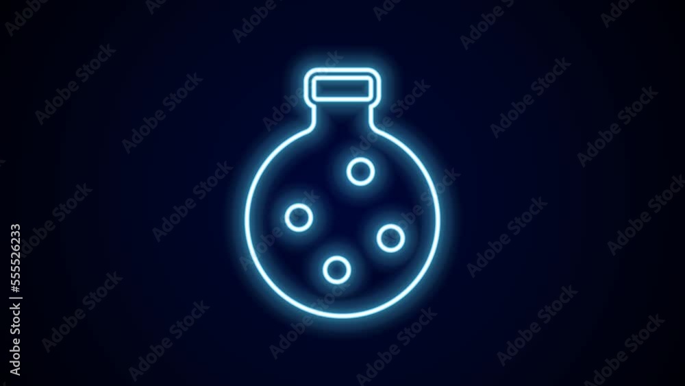 Poster glowing neon line bottle with potion icon isolated on black background. flask with magic potion. hap