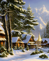 Christmas style illustration of houses in a forest covered with snow