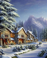 Wintery style landscape art with houses and trees with snow, frost and ice
