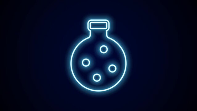 Glowing neon line Bottle with potion icon isolated on black background. Flask with magic potion. Happy Halloween party. 4K Video motion graphic animation