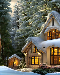 Villa in the woods covered with snow surrounded by trees painting illustration