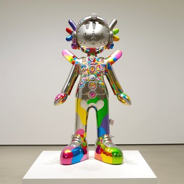 Shiny metal robot sculpture at a white room gallery exhibit illustration made with Generative AI