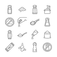 Salt line icon set. Vector collection with salt heap, shaker, salting hand, chips, food without sodium. Editable stroke. - 555526867
