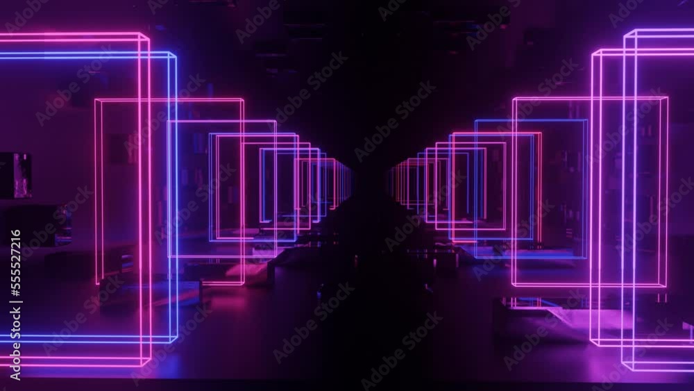 Poster ultraviolet tunnel. hi-tech neon sci-fi tunel. trendy neon glow lines form pattern and construction 