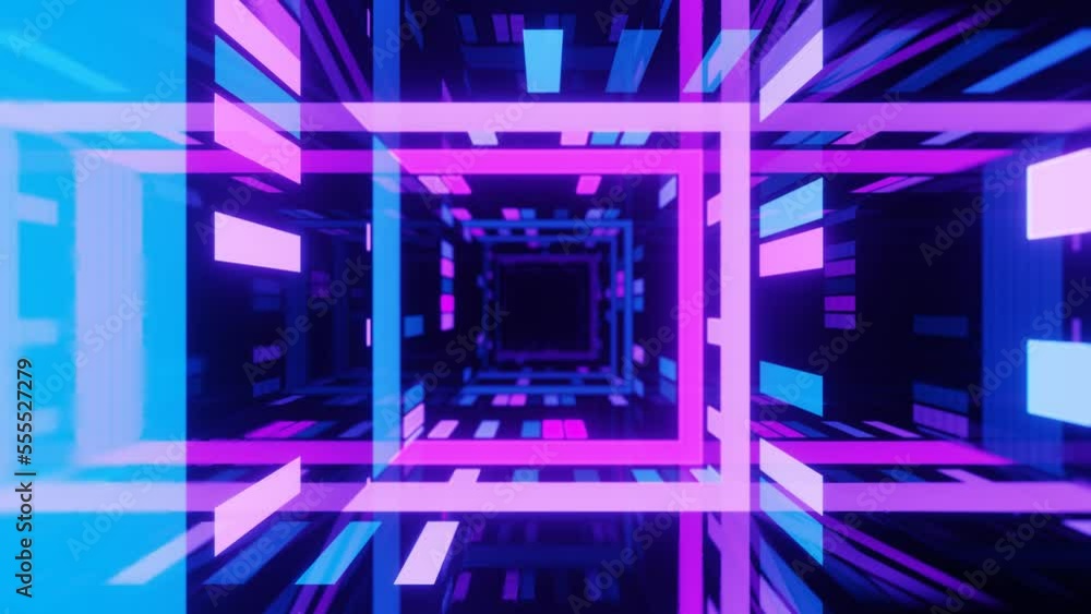 Poster blue purple line pattern. 4k seamless looped animation. fly through mirror tunnel with neon pattern,