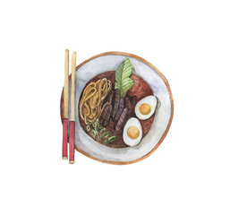 Asian and Chinese noodles with meat, watercolor illustration, traditional national food,chopsticks, Japanese dish,cuisine.
