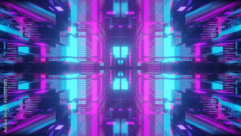 Poster fly through symmetrical technology cyberspace with neon glow. sci-fi flight through hi-tech technolo
