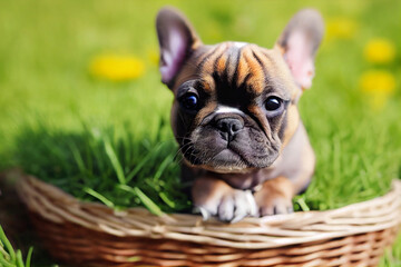 Fototapeta premium little cute puppy french bulldog sitting in a wicker basket in a colorful meadow with flowers, generative ai