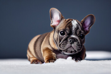 little cute french bulldog puppy lies on the white snow, generative AI