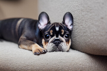 little cute french bulldog puppy is lying on a gray bed at home, generative AI