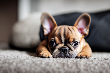 little cute puppy french bulldog lies on a gray carpet at home, generative AI