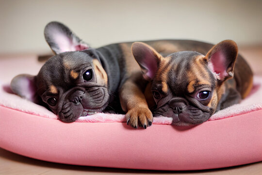 two cute french bulldog puppies are lying on a pink dog bed, generative AI