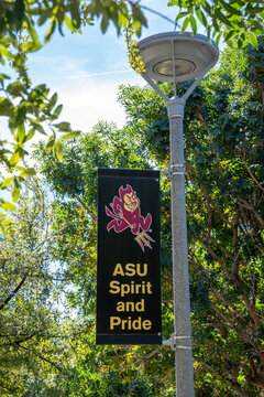 Phoenix, AZ - Nov. 11, 2022: Lamp post banner for ASU Spirit and Pride with Sparky the Sundevil logo