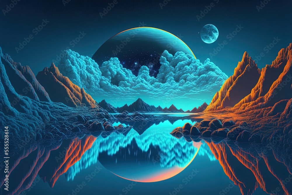Poster clouds. imagined nighttime scene with mountains and clouds mirrored in the lake. bright neon blue. i