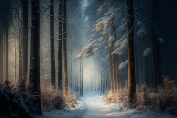 a path through a snowy forest with tall trees, magical realism, soft mist, flickering light, art illustration