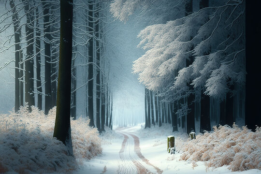 a path through a snowy forest with tall trees, magical realism, soft mist, flickering light, art illustration