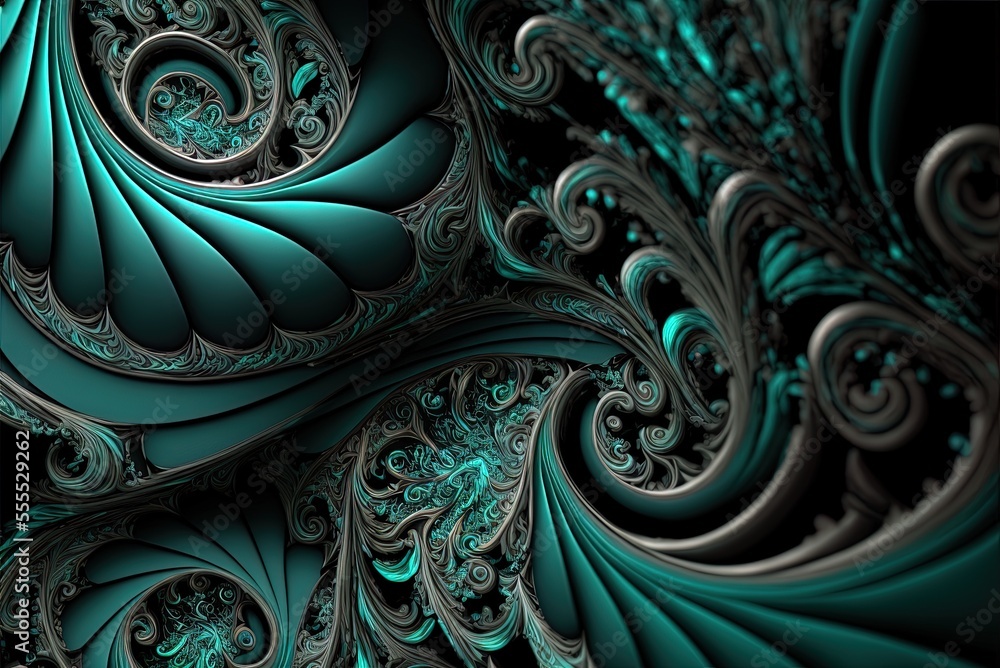 Poster a wavy, abstract pattern. fanciful teal and black fractal backdrop. aesthetic expression realized in