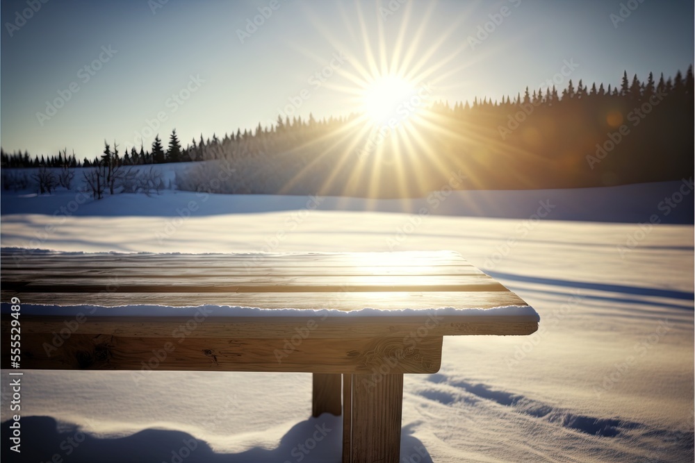 Poster a bench sitting in the snow with the sun shining through the trees behind it and a snow covered fiel