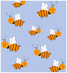Pattern with orange-black bees in hand drawn style on a blue background. Doodle. Children's drawing. Scribble. Vector stock illustration