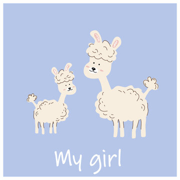 Lama on a blue background. Mom and daughter. Mothers Day. Cute picture in hand drawn style. Vector stock illustration. White background. isolated