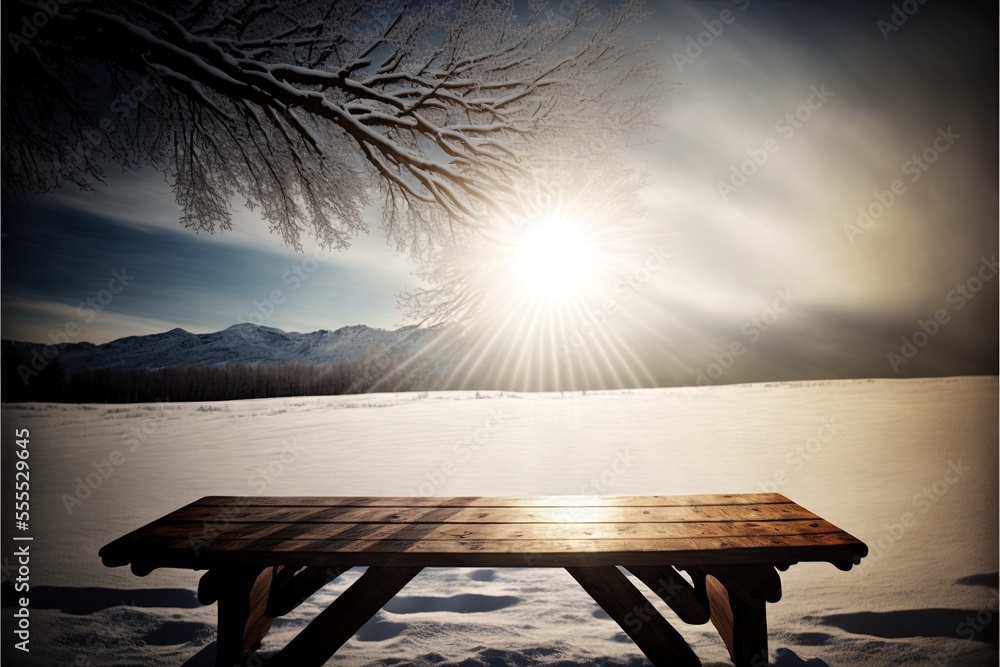 Poster a wooden bench sitting in the snow under a tree with the sun shining through the branches of the tre
