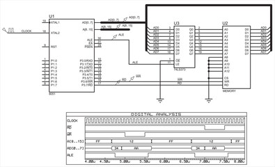 Vector electrical schematic diagram. 
Connecting external memory to the microcontroller.
Diagrams of digital signals. EEPROM timing.