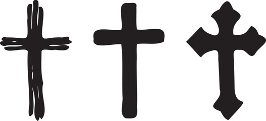 Grunge hand drawn cross symbols set. Christian crosses, religious signs icons, crucifix symbol vector illustration. Silhouettes