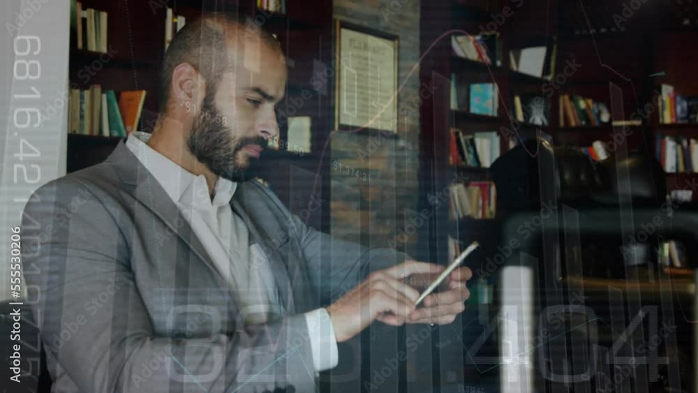 Aufkleber animation of data processing over biracial businessman using smartphone