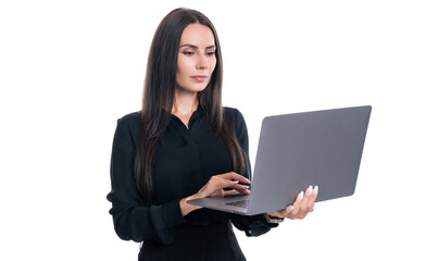Serious businesswoman using laptop computer for online business studio isolated on white