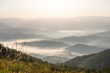 autumn sunrise in the mountainous terrain of Ukraine with a view of the mountain range