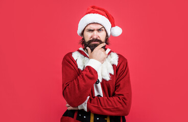 Christmas is here. prepare gifts and presents. just have fun. happy bearded mature man in santa claus costume. new year party. celebrate winter holidays. merry christmas to you. xmas shopping time