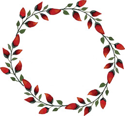 Stylized vector botanical wreath from branches, buds and berries.