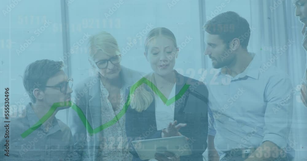 Aufkleber animation of statistical data processing over team of diverse businesspeople discussing at office